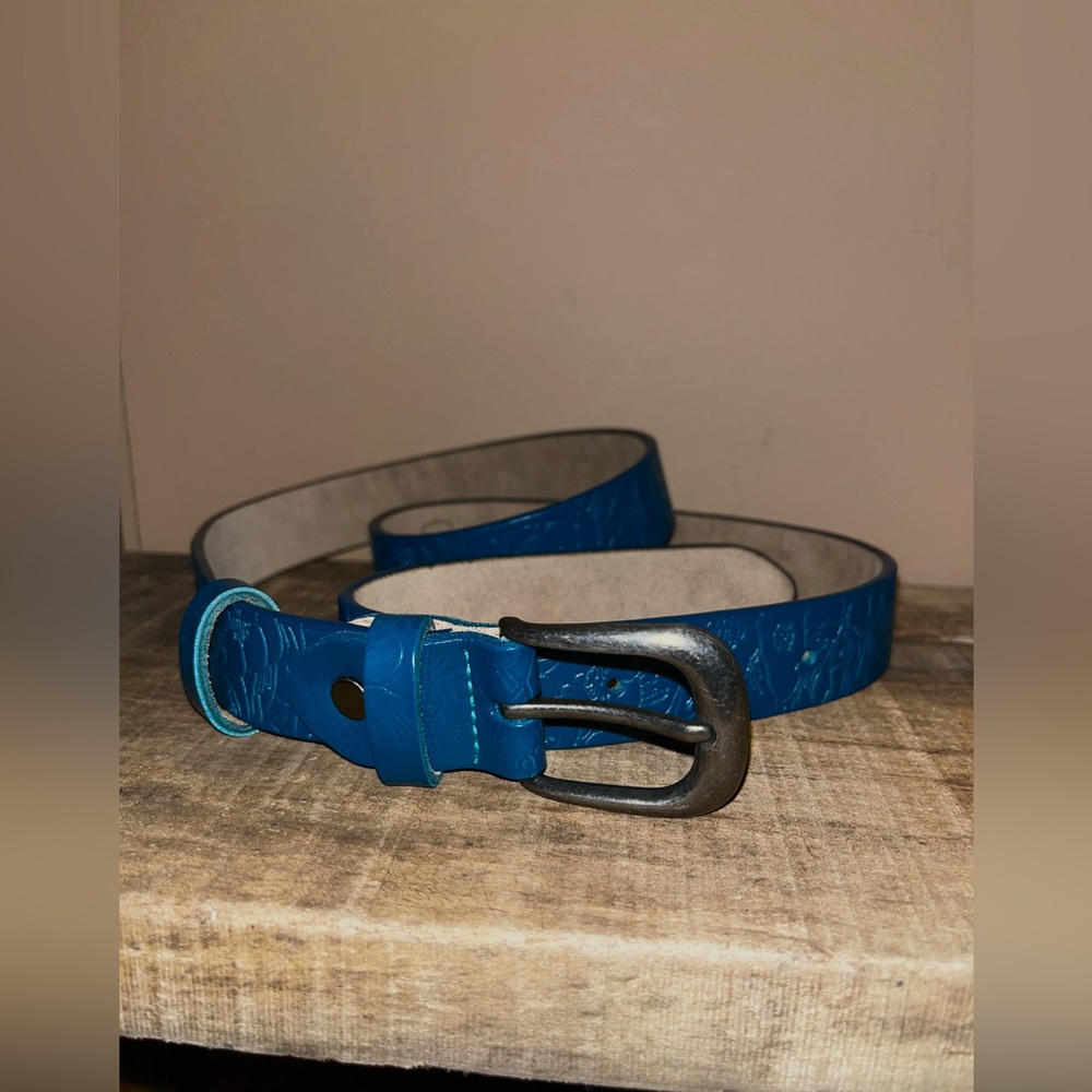 Blue 100% Leather Belt with Silver Buckle